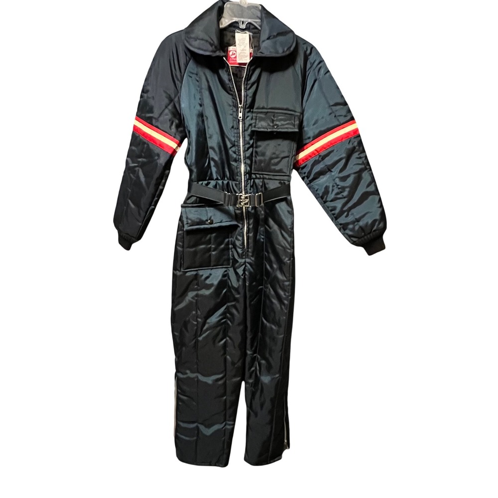 Vintage JC Penney Snowmobile Suit Womens Small Black Belted Ski Snowsuit
